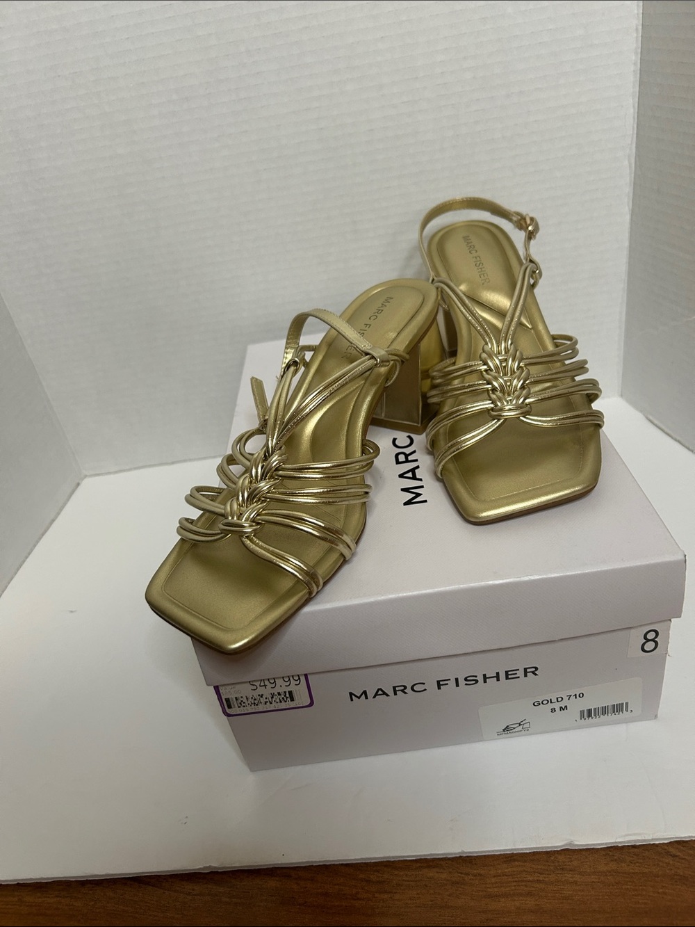 Marc Fisher Metallic Gold Multi-Strap Block Heel Sandals